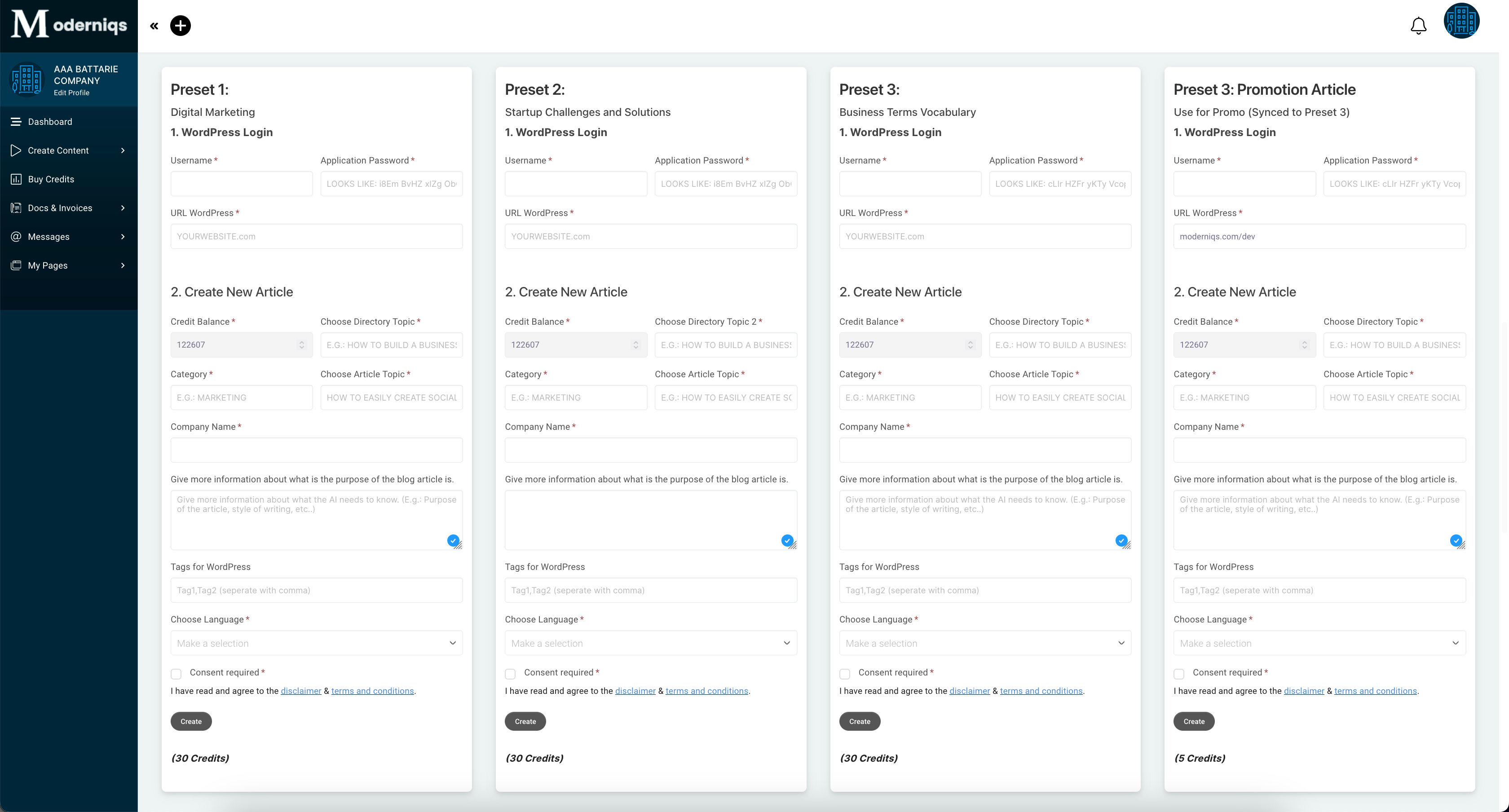 screenshot of 1-Click AI Blog Article App